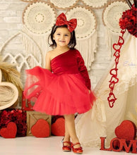 Load image into Gallery viewer, Red Velvet One Shoulder One Sleeve Tutu Dress
